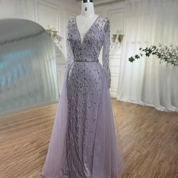Роскошные вечерние платья с длинными рукавами цвета сирени Wasisi 2024, Дубай, Элегантное вечернее платье с бриллиантовой Русалочкой, расшитое бисером ELA70341