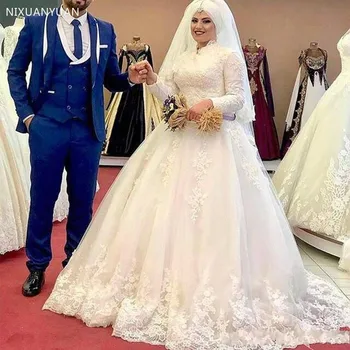 Роскошные Мусульманские свадебные платья 2023 года с высоким воротом на Ближнем Востоке, Кружевная аппликация, Длинные рукава, арабские свадебные платья, свадебные платья
