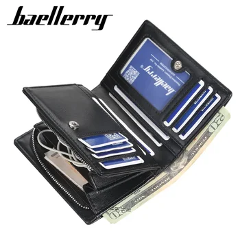 Роскошный брендовый мужской короткий кошелек с вертикальным расположением нескольких карт, кошелек для монет на кнопке, модная молодежная сумка для карт, мужской клатч из искусственной кожи, однотонный Изображение 2