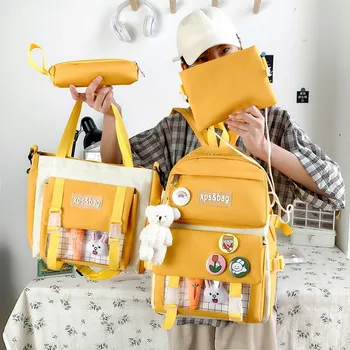 Рюкзак Kawaii 4 В 1 шт. компл. Модный женский рюкзак с несколькими карманами, холщовая школьная сумка большой емкости для девочек, трендовый значок Tra Изображение 2