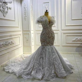 Свадебное платье AM1157 с кружевом цвета шампанского и перьями в виде русалки