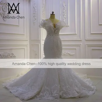 Свадебное платье AM1157 с кружевом цвета шампанского и перьями в виде русалки Изображение 2