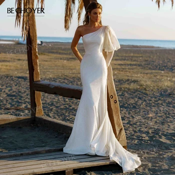 Свадебное платье BECHOYER на одно плечо 2023, блестящая гламурная молния, Русалка, придворный поезд, платья принцессы невесты NR205 Vestido de Noiva