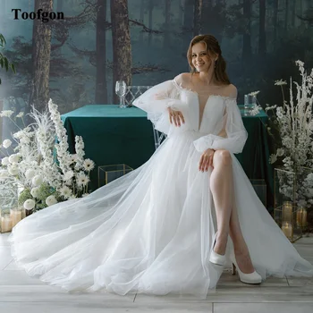 Свадебные платья Toofgon Simple с длинными рукавами в стиле бохо, прозрачные аппликации с круглым вырезом, кружевные вечерние свадебные платья, платье невесты