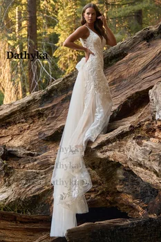 Свадебные платья с гламурными аппликациями Dathyka, классические свадебные платья с V-образным вырезом, без рукавов, Фатиновые пуговицы, Vestidos De Novia 2024 Изображение 2