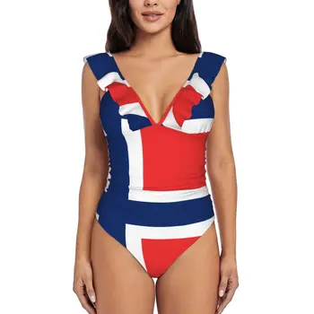 Сексуальный цельный купальник Пуш-ап, купальники с флагом Норвегии, женский купальник-монокини с рюшами, боди, купальный костюм Изображение 2
