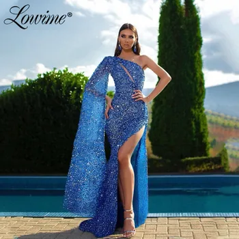 Синие вечерние платья с длинными рукавами 2021 Плюс размер бусин Русалка Дубай Арабские вечерние платья для свадеб Халаты Платье для выпускного вечера знаменитостей