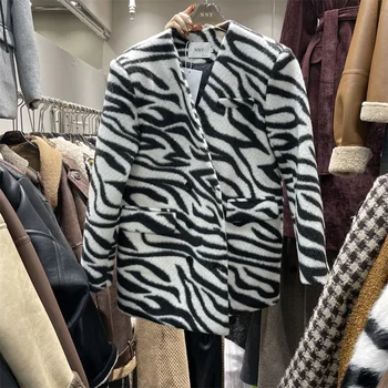 Твидовое пальто с V-образным вырезом с подкладкой на плечах и хлопковым принтом в виде зебры, 2023, новый дизайн, твидовое пальто во французском стиле на зиму