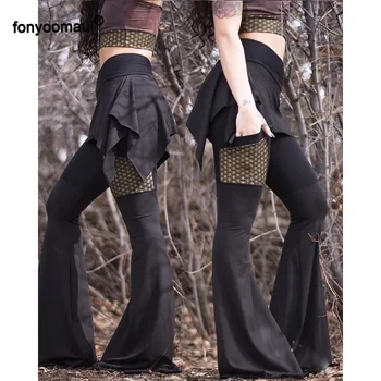 Узкие юбочные брюки, расклешенные брюки для женщин, юбка с асимметрией в стиле готик-панк на Хэллоуин, Тонкие длинные брюки, расклешенные брюки, Широкие брюки Изображение 2