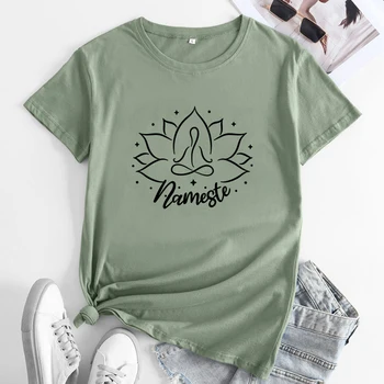 Футболка с цветком Лотоса Namaste Эстетичная женская футболка для йоги Breathe Relax, винтажные футболки для медитации, тренировок, топы Изображение 2