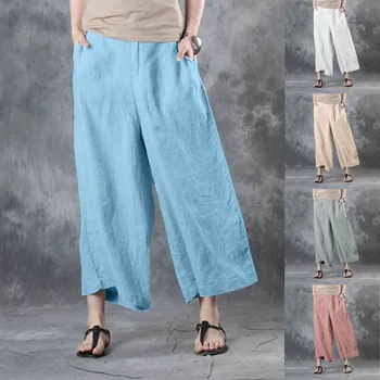 Хлопчатобумажные женские брюки с эластичным карманом, широкие повседневные брюки с широкой талией