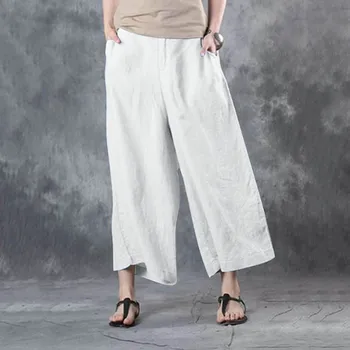 Хлопчатобумажные женские брюки с эластичным карманом, широкие повседневные брюки с широкой талией Изображение 2