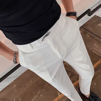 Черно-белые Вышитые Деловые Официальные брюки Мужские В Корейском стиле, Тонкие Офисные брюки для светского костюма, Высококачественная Уличная одежда, брюки по щиколотку