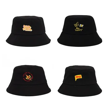 Шляпы-ведерки с черной вышивкой и буквенным принтом, Солнцезащитный крем, мужская Женская Панама, Хлопковая модная женская шляпа рыбака в стиле хип-хоп