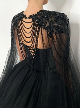 Шэрон сказала, готический черный тюль арабский вечернее платье с пышными рукавами, элегантные женские 2023 роскошные Дубай формальные партии платья SS394 Изображение 2